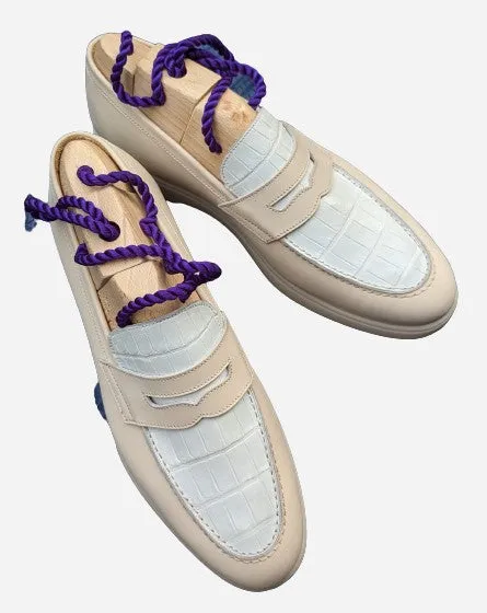 Ascot Classic Loafers - White Crocodile & Cream Leather