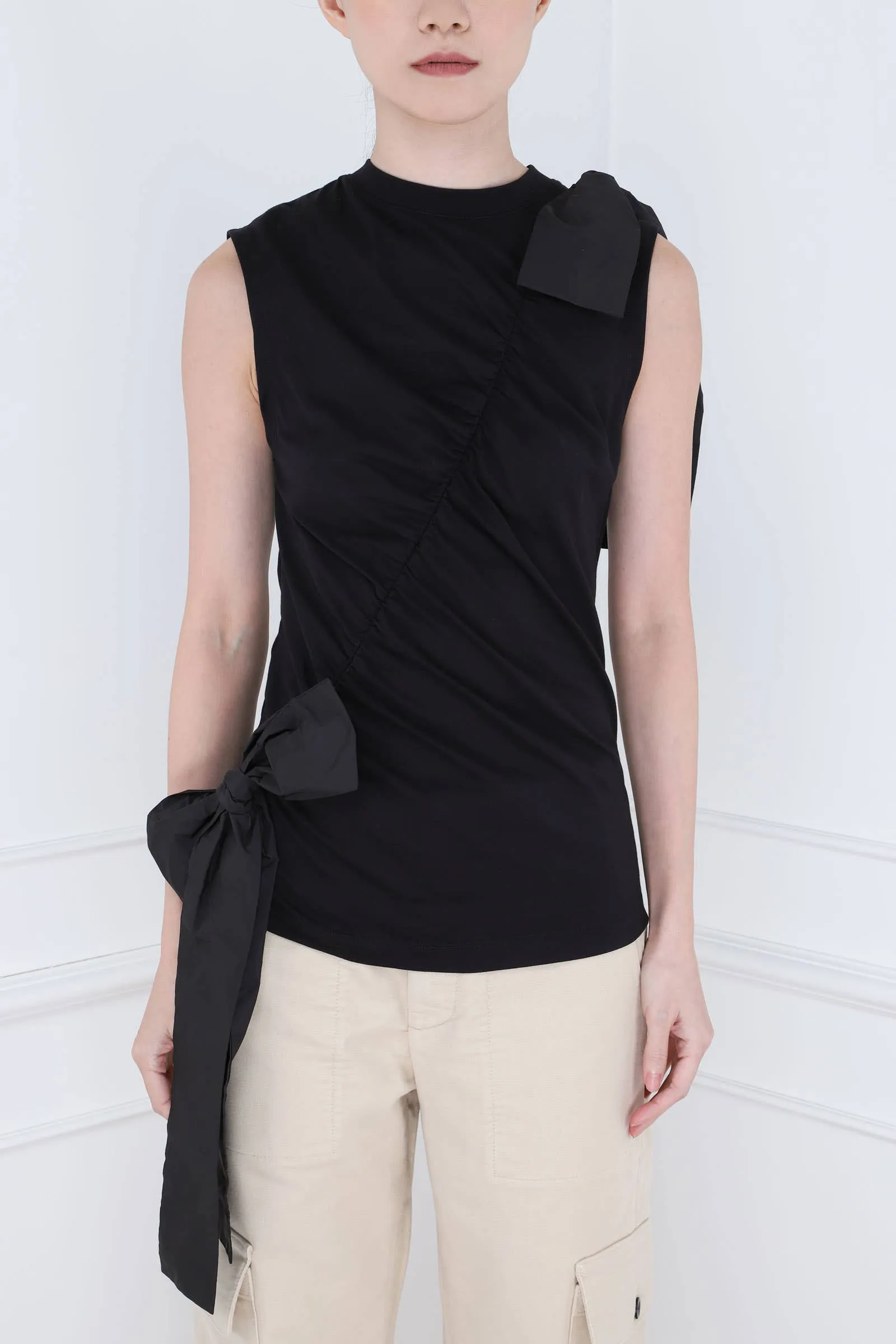 Black Gathered Tank with Bows