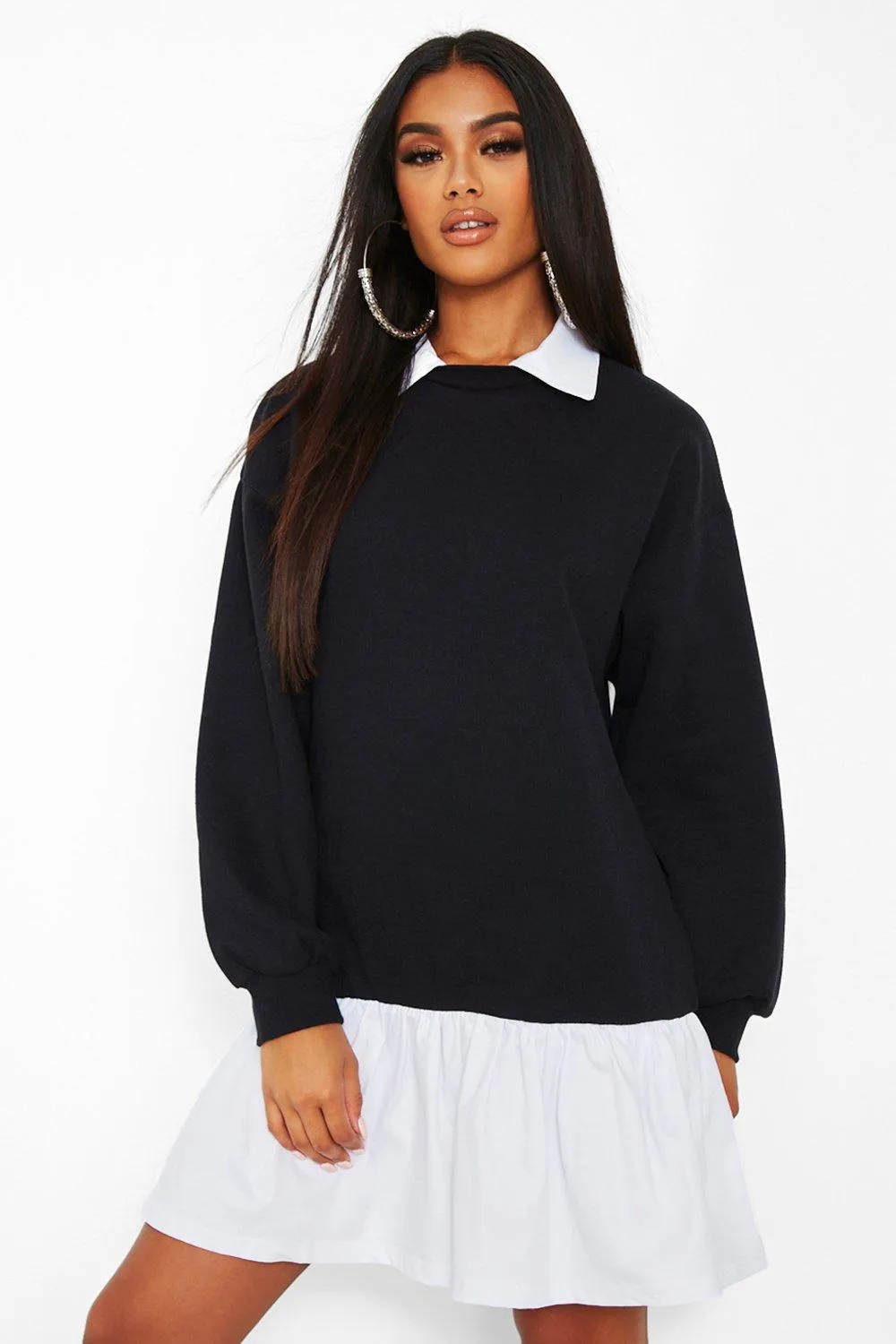 Collared Cotton Poplin Hem Sweatshirt Dress