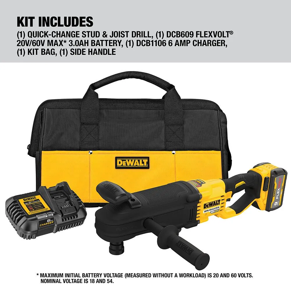 DEWALT DCD471X1 - 60V MAX Flexvolt Quick Connect In-Line Stud & Joist Drill Kit W/ 1 Battery (9Ah), Charger And Bag
