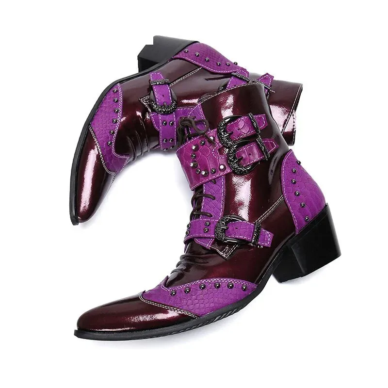 Men's Handmade Leather Lace Up Buckle Zipper Party Motorcycle Ankle Boots