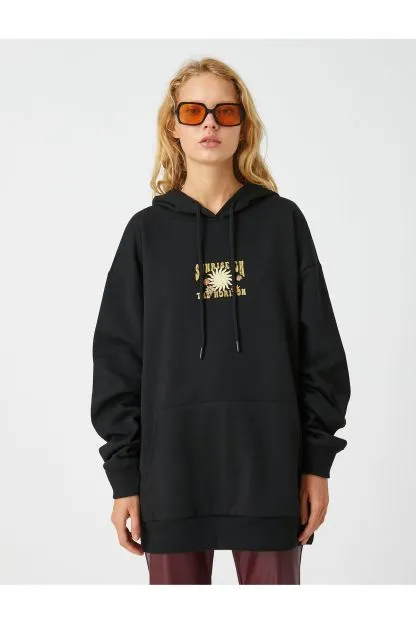 Oversize Sweatshirt Printed Hooded Pocket Detailed Fleece Inside