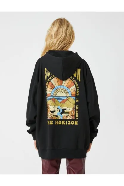 Oversize Sweatshirt Printed Hooded Pocket Detailed Fleece Inside