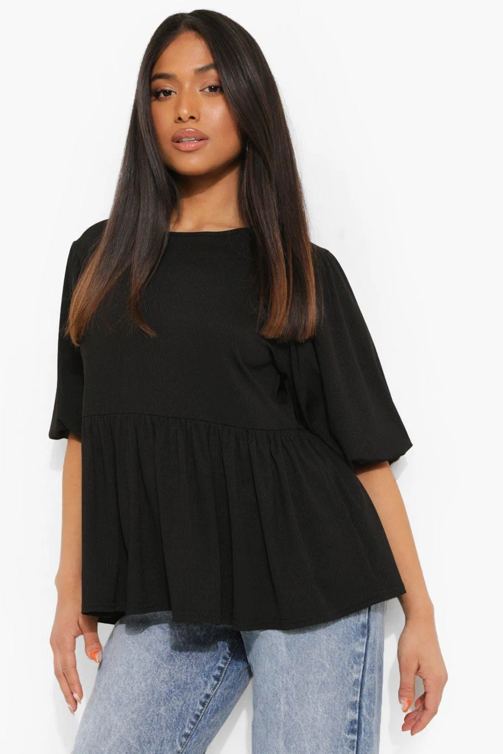 Petite Ribbed Puff Sleeve Smock Top