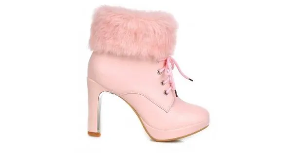Pink Ankle Fur Lace Up Platforms High Heels Boots Bootie