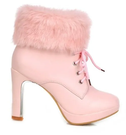Pink Ankle Fur Lace Up Platforms High Heels Boots Bootie