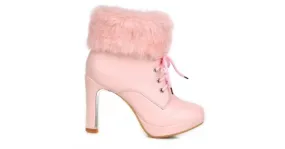 Pink Ankle Fur Lace Up Platforms High Heels Boots Bootie