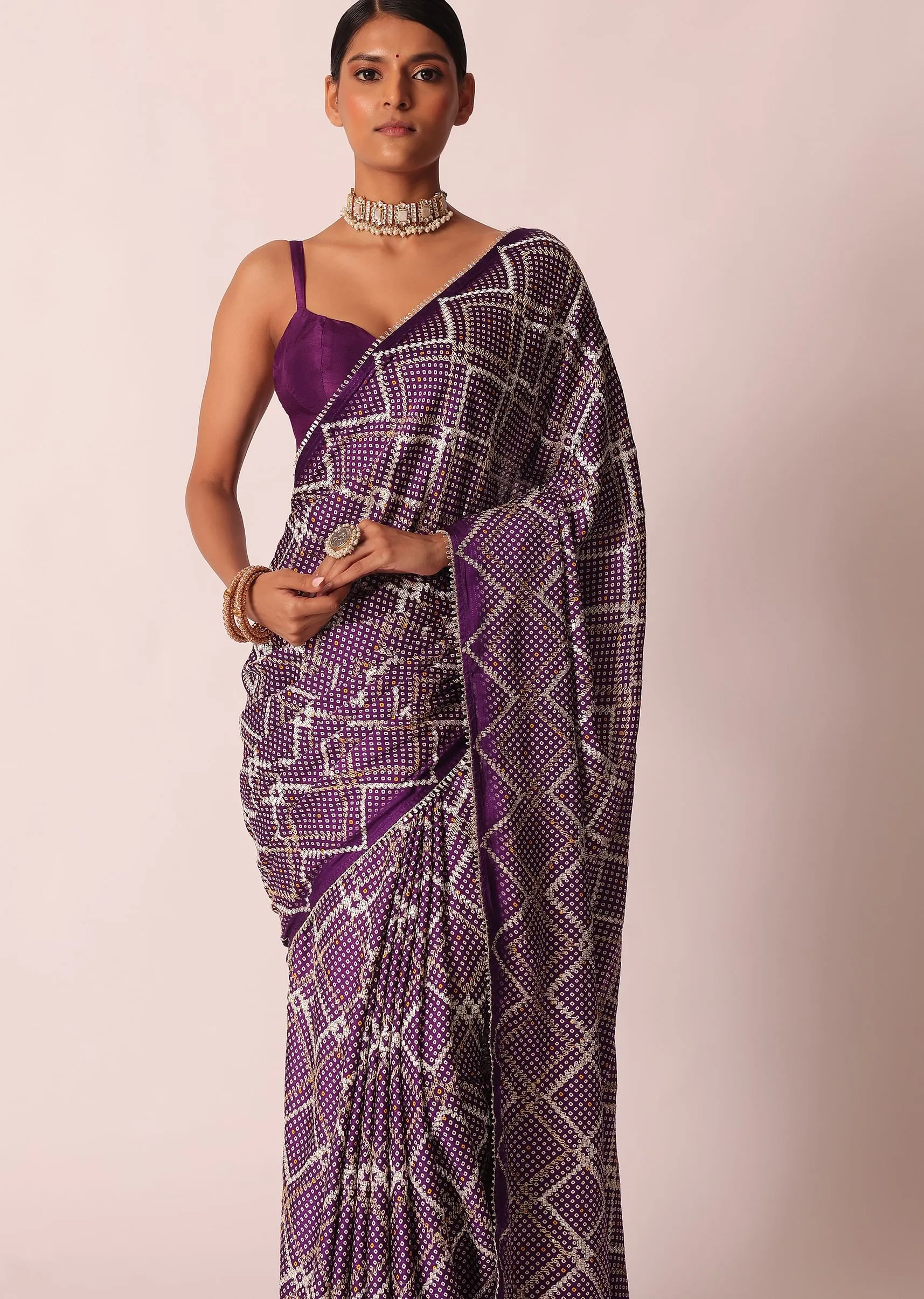 Purple Silk Bandhani Print Saree With Gota Embroidery And Unstitched Blouse Piece