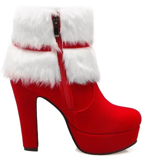 Red White Suede Ankle Fur Bow Platforms High Heels Boots