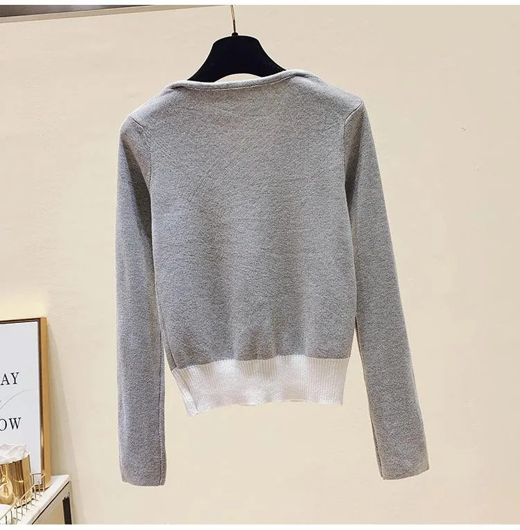 Vintage stitching fake two short knit sweaters