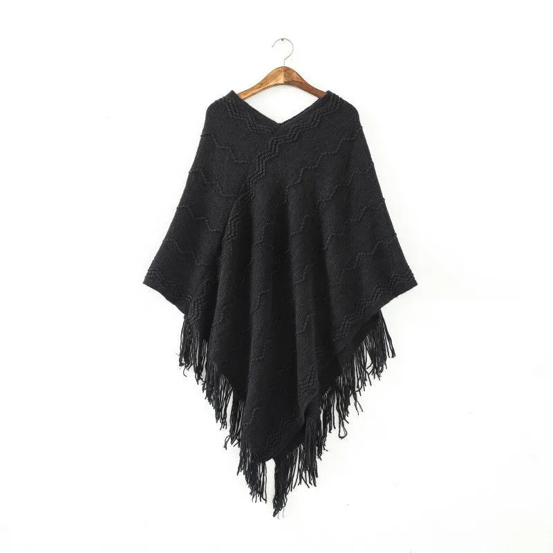 Womens Fringed Tassels Bat Sleeve Pullover Jumper Knit Sweaters Top Poncho ShawlSM6