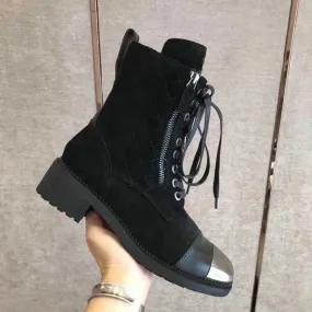 Women's Genuine Leather Lace-up Round Toe Square Heels Ankle Boots